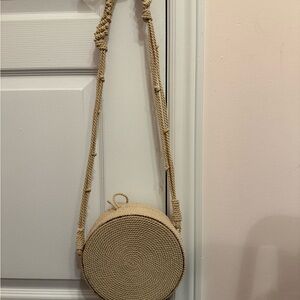 Beige Round Woven Crossbody Bag